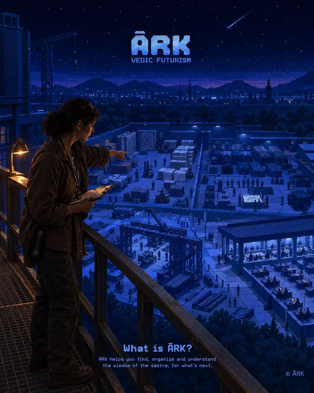 A woman supervisor with a clipboard gestures from an elevated industrial walkway overlooking a massive logistics and engineering compound at night. Workers gather around illuminated map tables and drafting stations, surrounded by shipping containers, cranes, and stone masonry, under a pixel-rendered night sky and mountain silhouette.