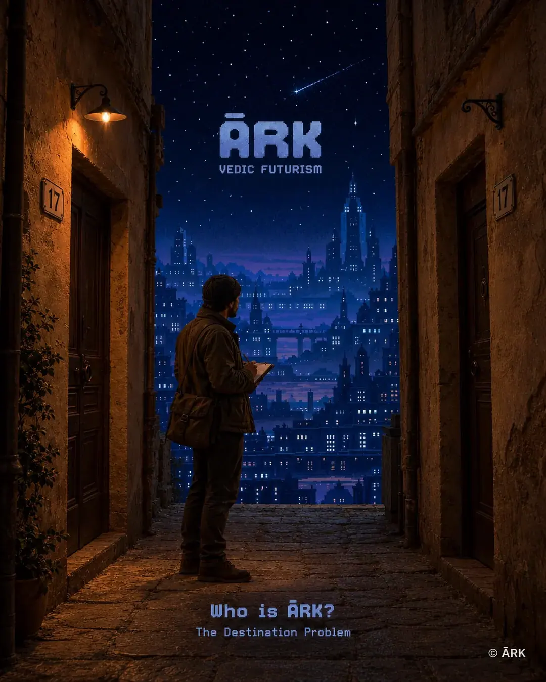 A man in a wool cap stands in a narrow stone alley at night with a notebook open and a pen in his hand. A wall lamp burns above a wooden door on the left. Both doors, left and right, carry an enamel plate numbered 17. Beyond the mouth of the alley a pixel-rendered city fills the frame.