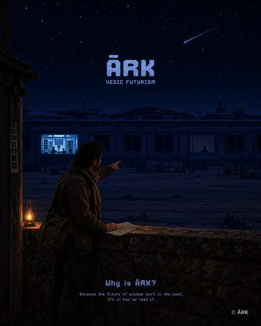 A man leans on a stone parapet at night beside a kerosene lamp, one hand flat on an open paper chart, the other pointing across a dark field at a lit control room in a long low building.