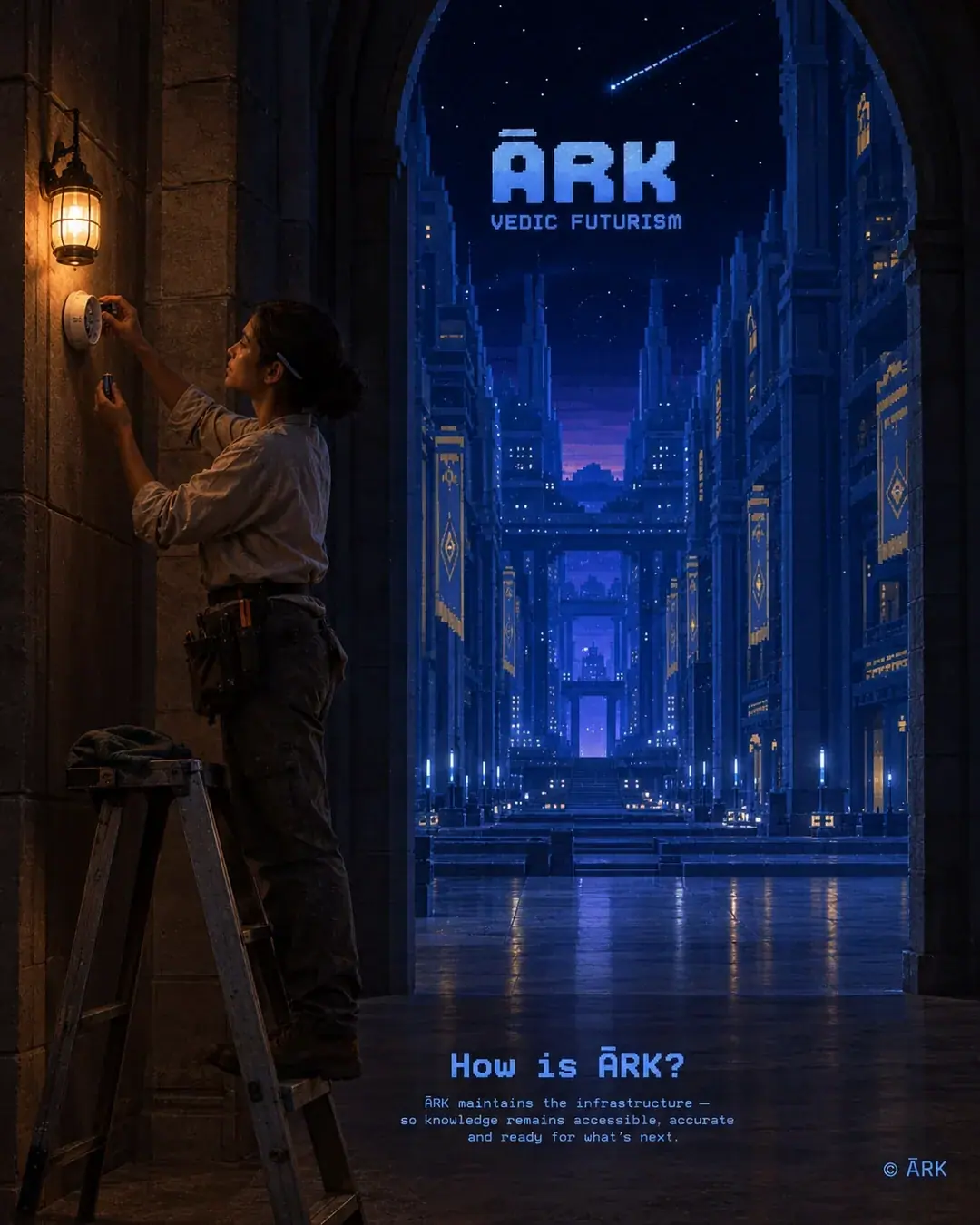 A woman technician with a tool belt stands on a wooden stepladder installing or adjusting an illuminated lantern on an ancient stone wall archway. Through the archway, a magnificent futuristic city of blue towers, glowing steps, and ceremonial banners extends to the horizon under a starfield.