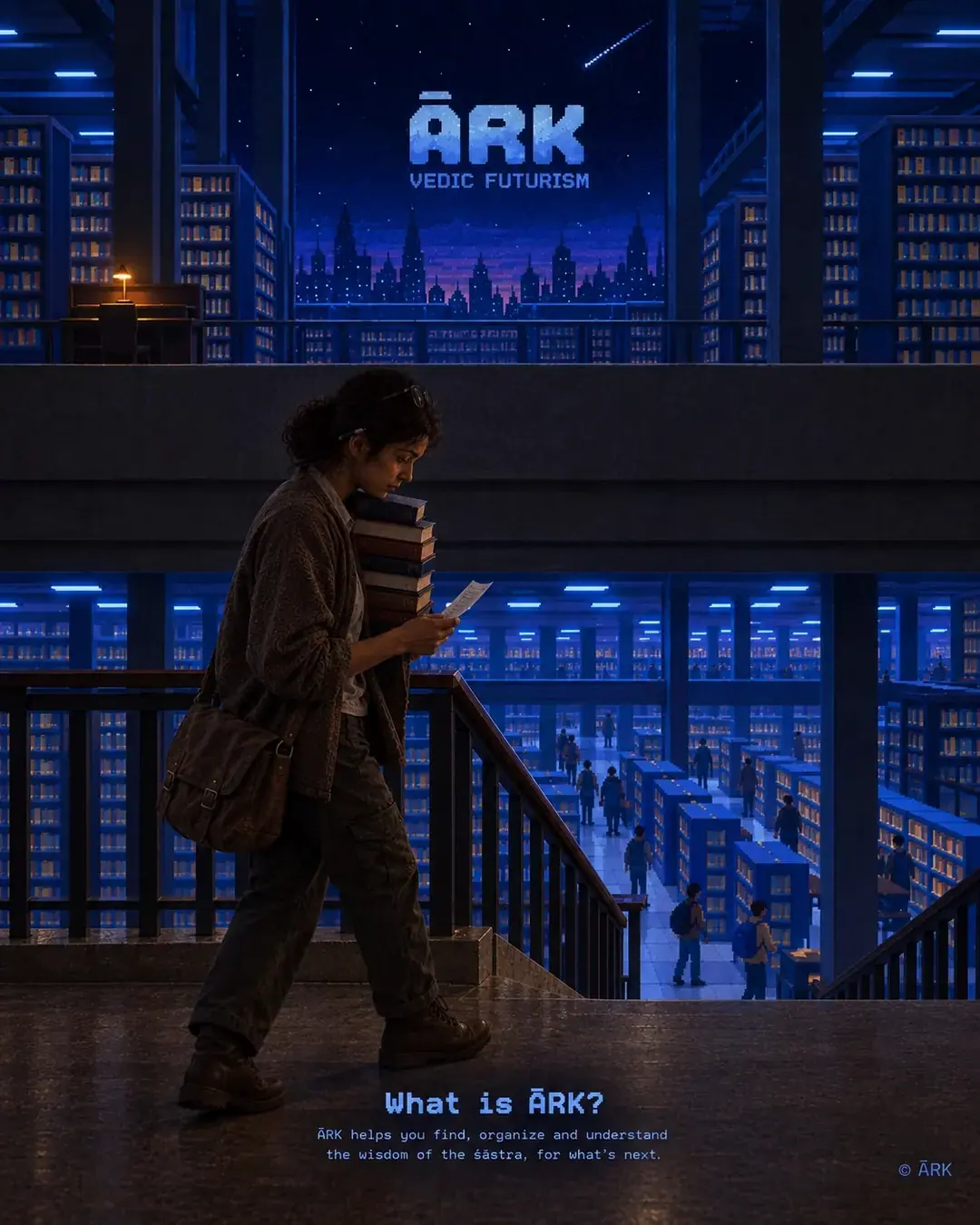 A woman researcher in work clothes and glasses carries a heavy stack of hardbound books down a granite staircase in an immense library hall. Long blue-lit aisles of tall bookshelves stretch into the distance below, while large windows above reveal a pixel-rendered city skyline under a starry night sky with a shooting star.