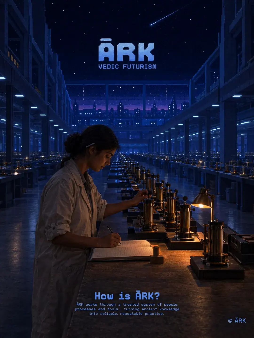 A woman scientist in a white lab coat writes with a pen in an open ledger at a long workbench in an expansive industrial laboratory hall. Rows of brass measurement cylinders with warm desk lamps recede into the distance beneath a pixel-rendered night sky and cityscape.