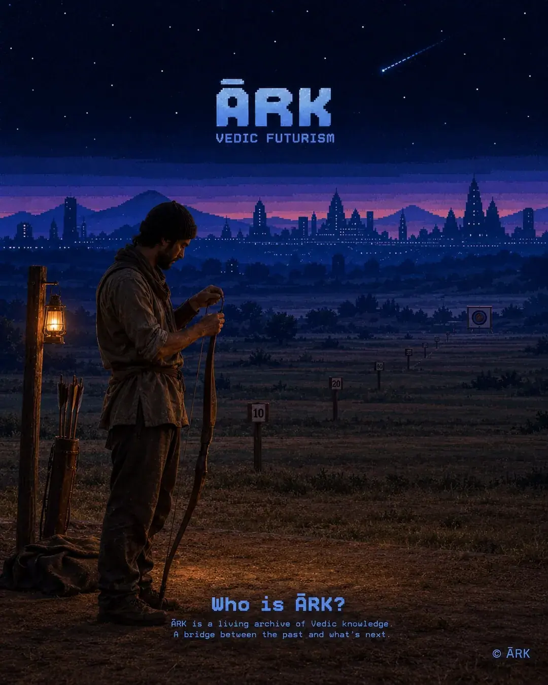 A man in a plain tunic stands at dusk stringing a recurve bow beside a post with a hanging lantern and a quiver of arrows. Numbered markers at ten, twenty, thirty and forty run down a field toward a target. A pixel-rendered skyline of towers and temple spires sits on the horizon.