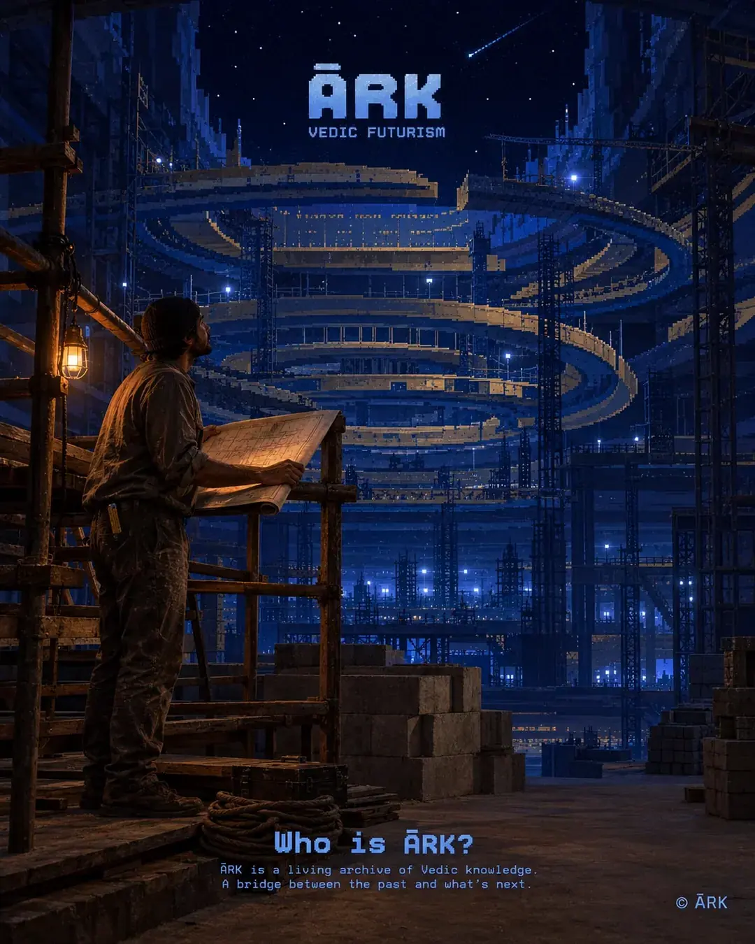 A builder in work clothes stands on wooden scaffolding at night with a large rolled drawing spread across the rail, looking up. Behind him the concentric tiers of an enormous circular structure rise under crane light, drawn in whole pixels. A lantern hangs at his shoulder.