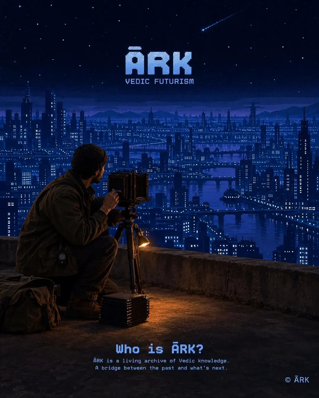 A man kneels on a rooftop parapet at night behind a large-format field camera on a tripod, one hand on the bellows. A small work lamp lights a stack of film holders and a canvas bag beside him. A pixel-rendered river city runs to the horizon.