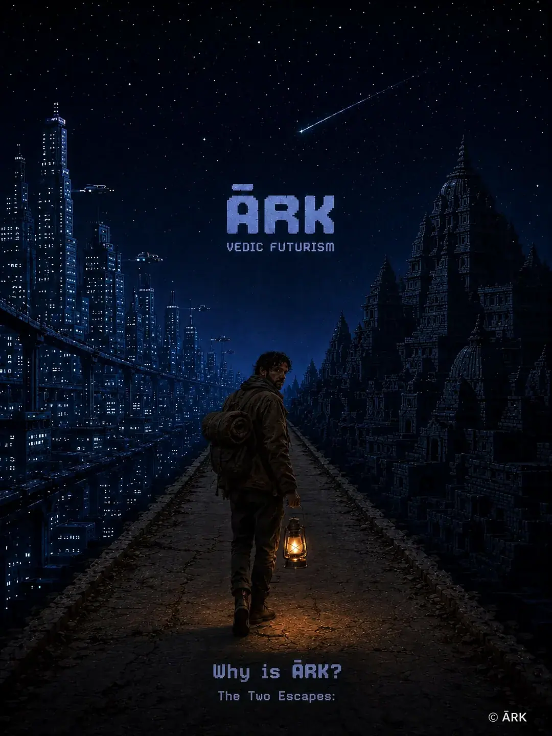 A traveller with a bedroll and a lit lantern stands on a cracked stone road at night. A neon city of towers and elevated rail runs down the left side of the frame; a stepped temple city rises on the right. The ĀRK wordmark sits between them under a shooting star.