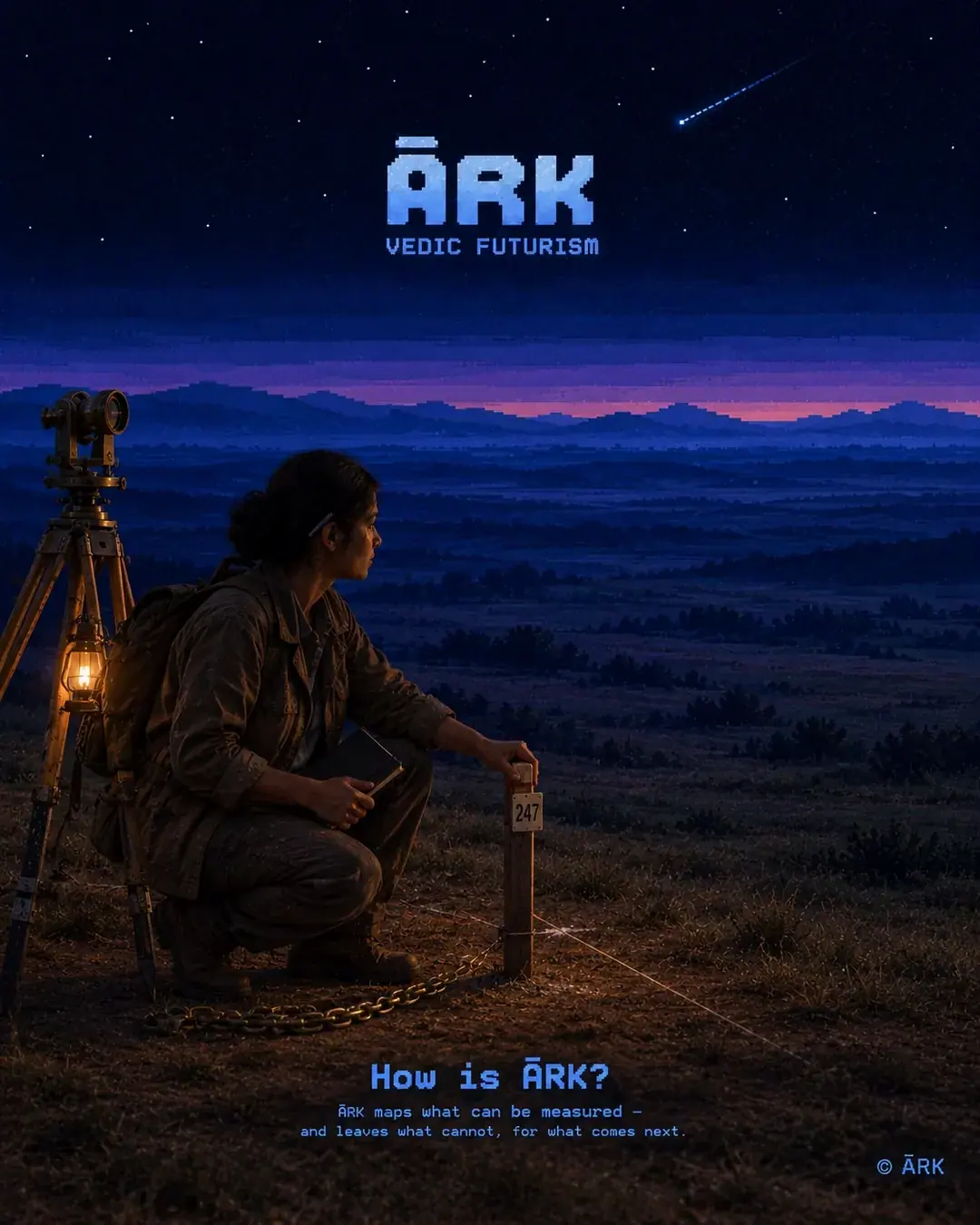 A woman surveyor in work clothes crouches on a grassy hill beside a wooden stake marked 247 at dusk. A brass theodolite on a wooden tripod with a lit lantern stands beside her, overlooking a vast twilight valley under a starry pixel sky with a shooting star.
