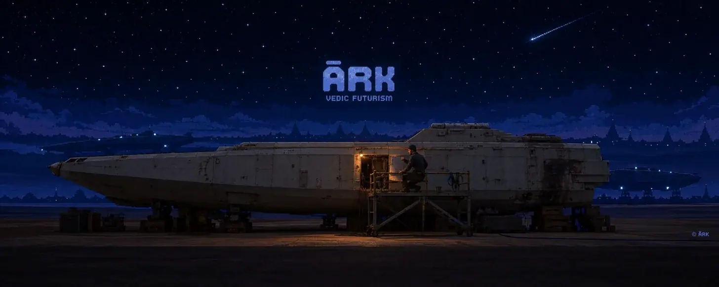 A streamlined spacecraft docked on a maintenance tarmac at night under a star-filled sky, with a technician working inside an illuminated service hatch beneath the ĀRK Vedic Futurism wordmark.