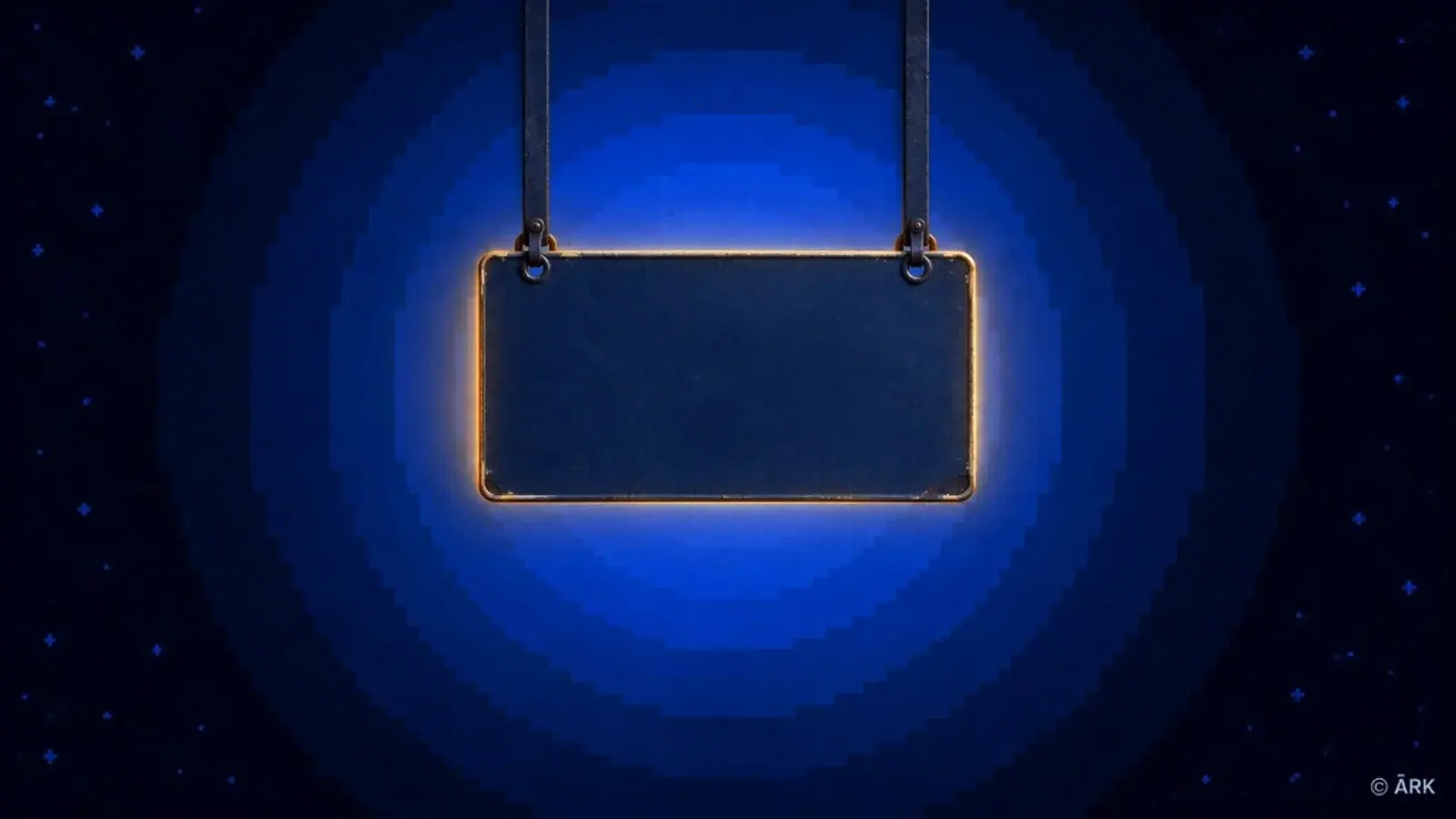 A suspended dark slate sign hanging from iron chains with a glowing golden border in a deep blue starfield, illustrating the institutional sign that remains while the substance rots away.