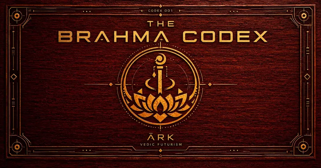 The Brahma Codex title plate — gold foil lettering and a lotus-and-daṇḍa seal inside a drawn circuit border, struck into dark red hardwood, over the ĀRK Vedic Futurism wordmark.