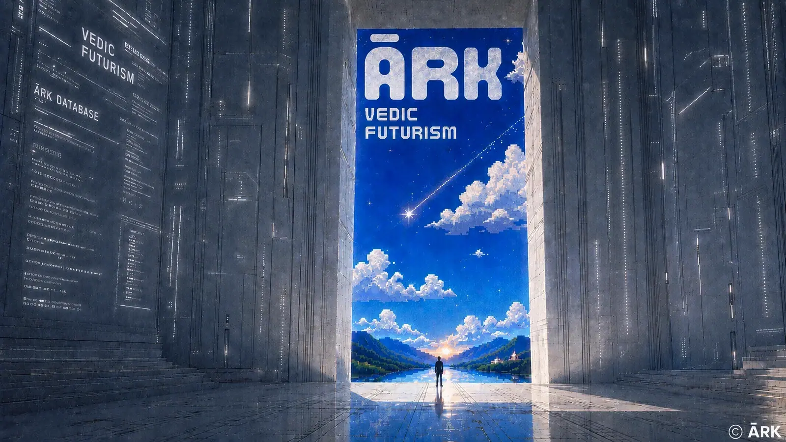A vast archive corridor of inscribed stone opening onto a pixel-drawn daylight valley, one small figure standing at the threshold beneath the ĀRK wordmark.