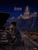 A woman kneels at the open hood of an old truck on a cracked desert highway at night, a flashlight held in her teeth, while a vast lit art-deco temple city stands on the mesa above with waterfalls and airships.