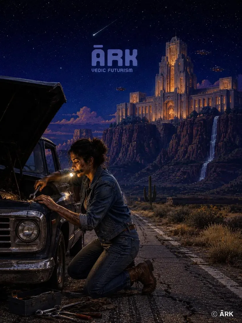 A woman kneels at the open hood of an old truck on a cracked desert highway at night, a flashlight held in her teeth, while a vast lit art-deco temple city stands on the mesa above with waterfalls and airships.