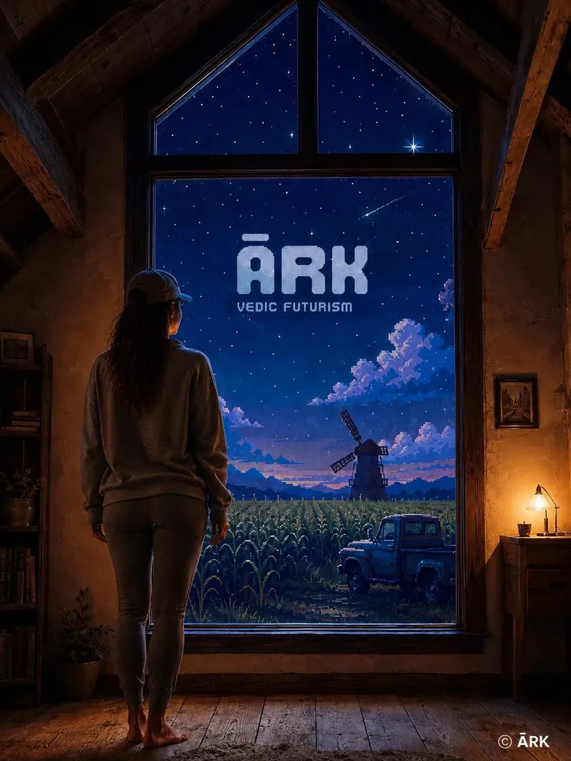 A woman stands in a dark farmhouse loft looking out through a tall gable window at a pixel-rendered night: stars, stepped clouds, a windmill, a field of corn and a parked pickup truck.