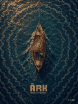 Overhead view of a wooden boat with an oṁ-marked orange sail crossing dark green water, surrounded by a vast stepped mandala pattern rippling out across the sea.