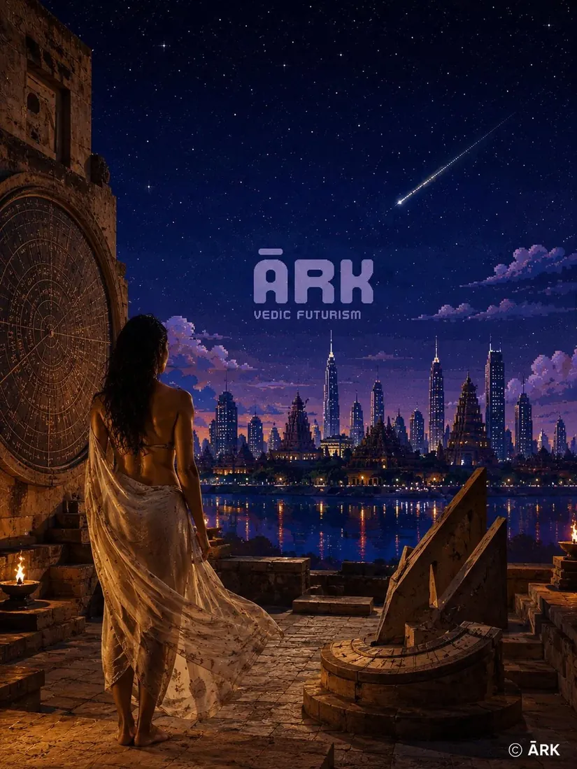 A woman in a flowing sari stands on ancient stone steps beside a huge carved astronomical dial and sundial instruments, facing a river and a night skyline where glass towers and temple spires stand together under a comet.