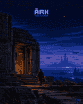 A traveler ascending stone steps into an illuminated ancient library carved into a mountain temple, with celestial vimanas hovering in the twilight sky before a futuristic metropolis.