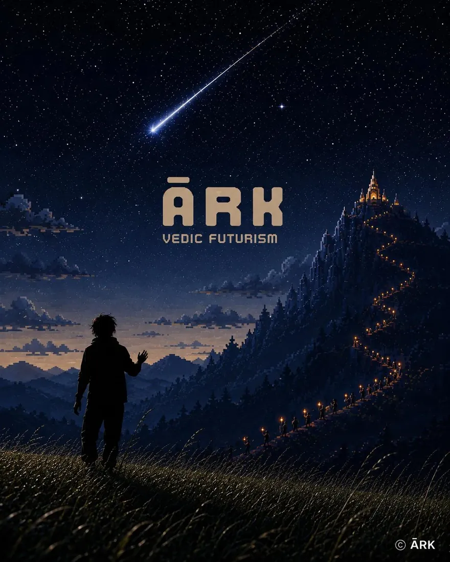 A figure stands in tall grass on a hillside at night, one hand raised, watching a comet. Across the valley a line of torch-bearers winds up a forested ridge toward a lit temple at the summit.
