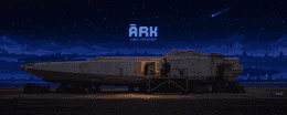 A streamlined spacecraft docked on a maintenance tarmac at night under a star-filled sky, with a technician working inside an illuminated service hatch beneath the ĀRK Vedic Futurism wordmark.